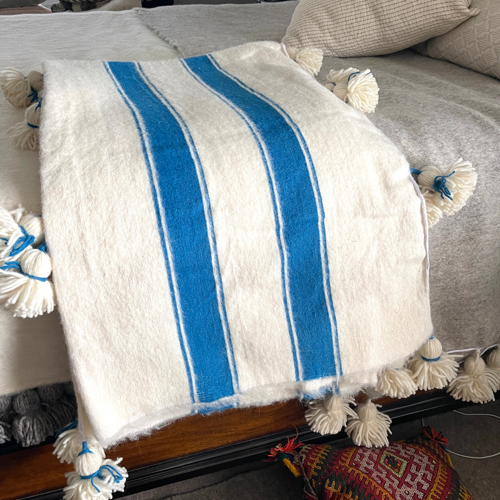 Moroccan Wool Blanket Hand Woven Off White with Stripes 118