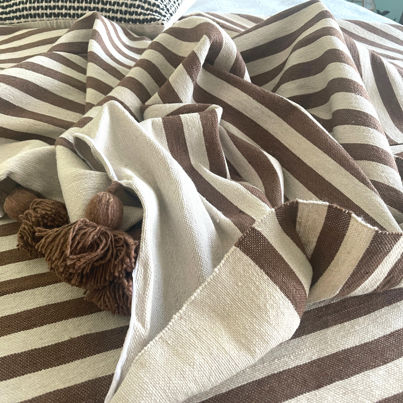 Moroccan Cotton Blanket  Striped Handwoven Throw 118"x78"
