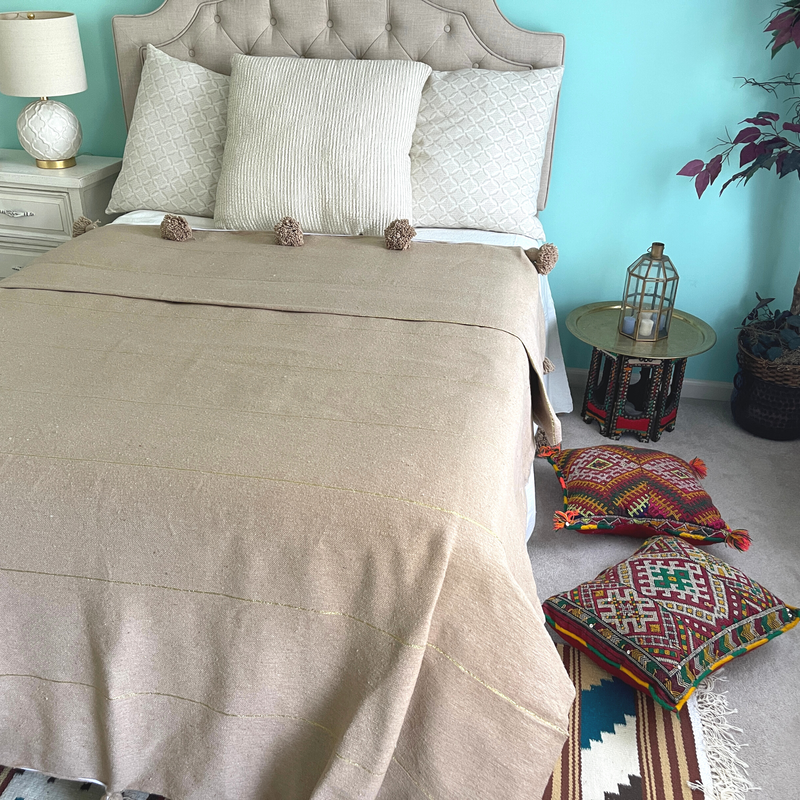 Handwoven Moroccan Cotton Blanket  with Pom Pom- 118"x78"