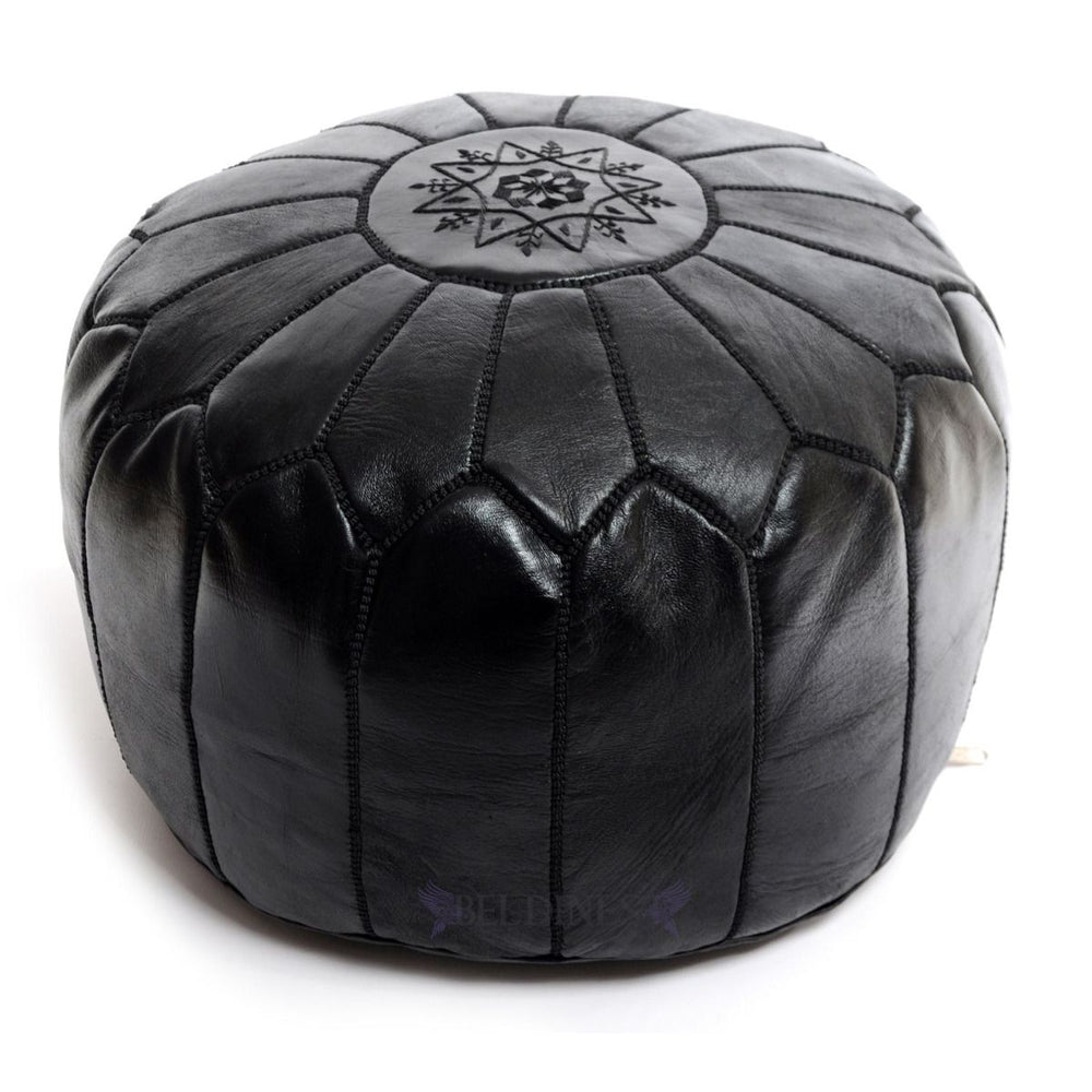 Embroidered Moroccan Leather Pouf- Black