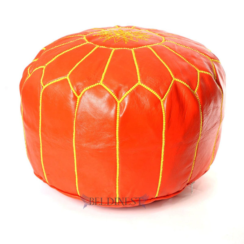 Embroidered Moroccan Leather Pouf- Orange with Yellow Stitching