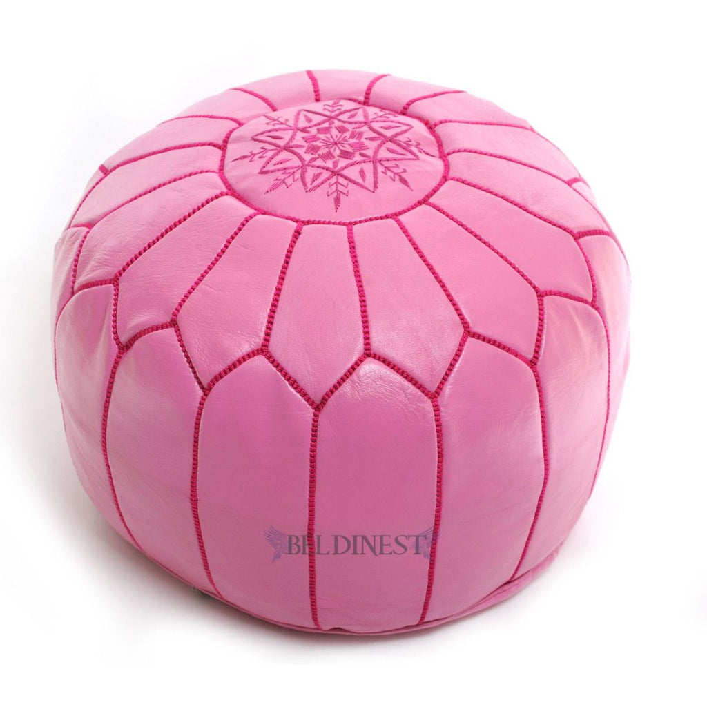 Embroidered Moroccan Leather Pouf- Fuchsia
