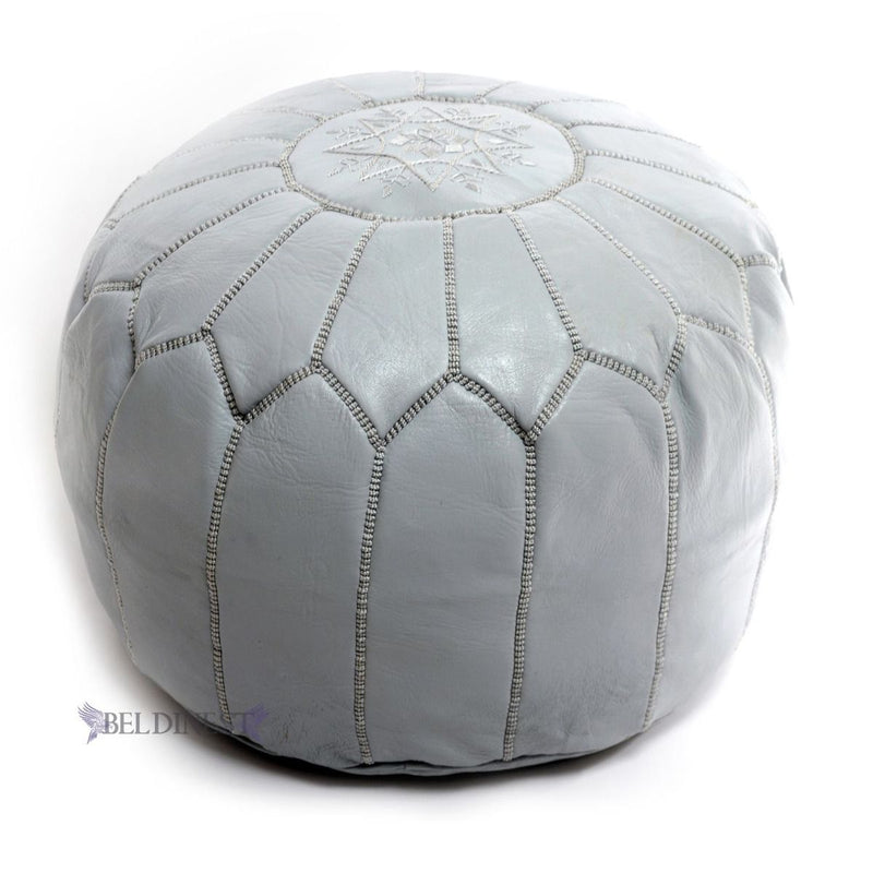 Embroidered Moroccan Leather Pouf- White with Yellow Stitching