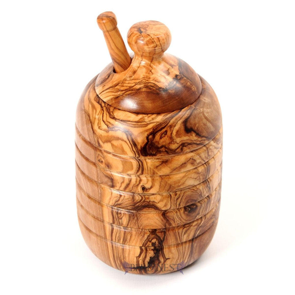 Large Honey Pot and Dipper Made from Olive Wood