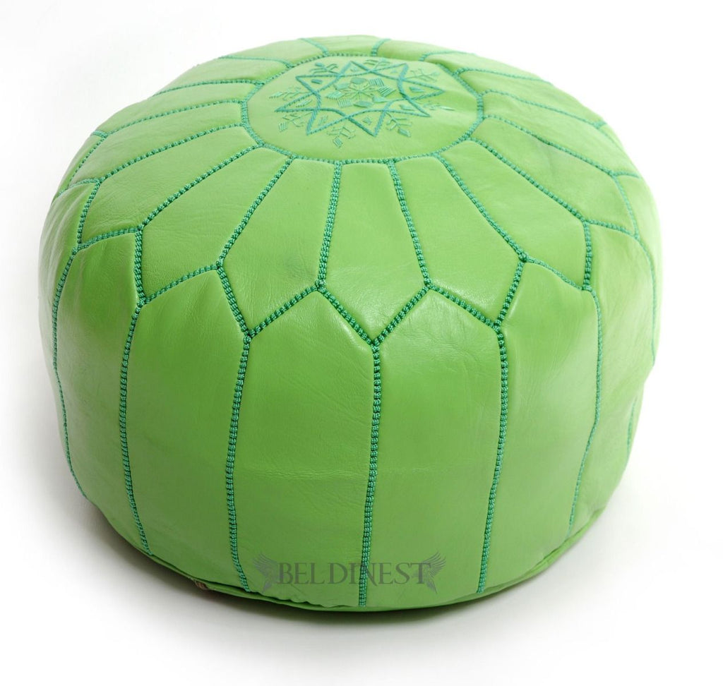 Embroidered Moroccan Leather Pouf- Lime Green