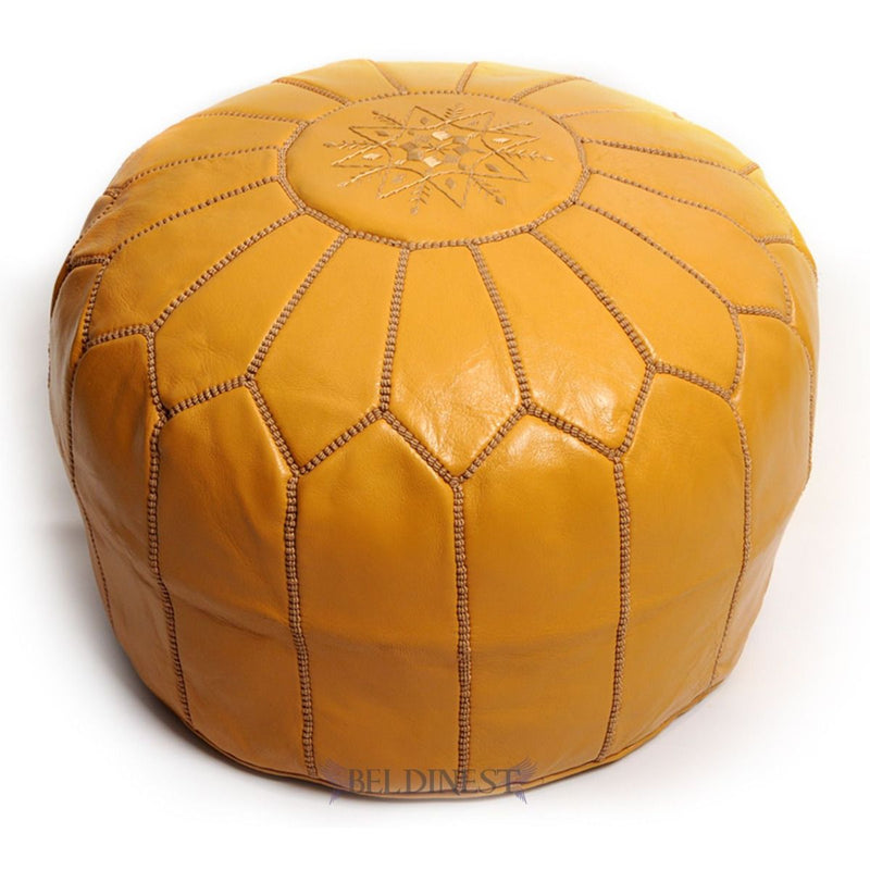 Embroidered Moroccan Leather Pouf- Tan
