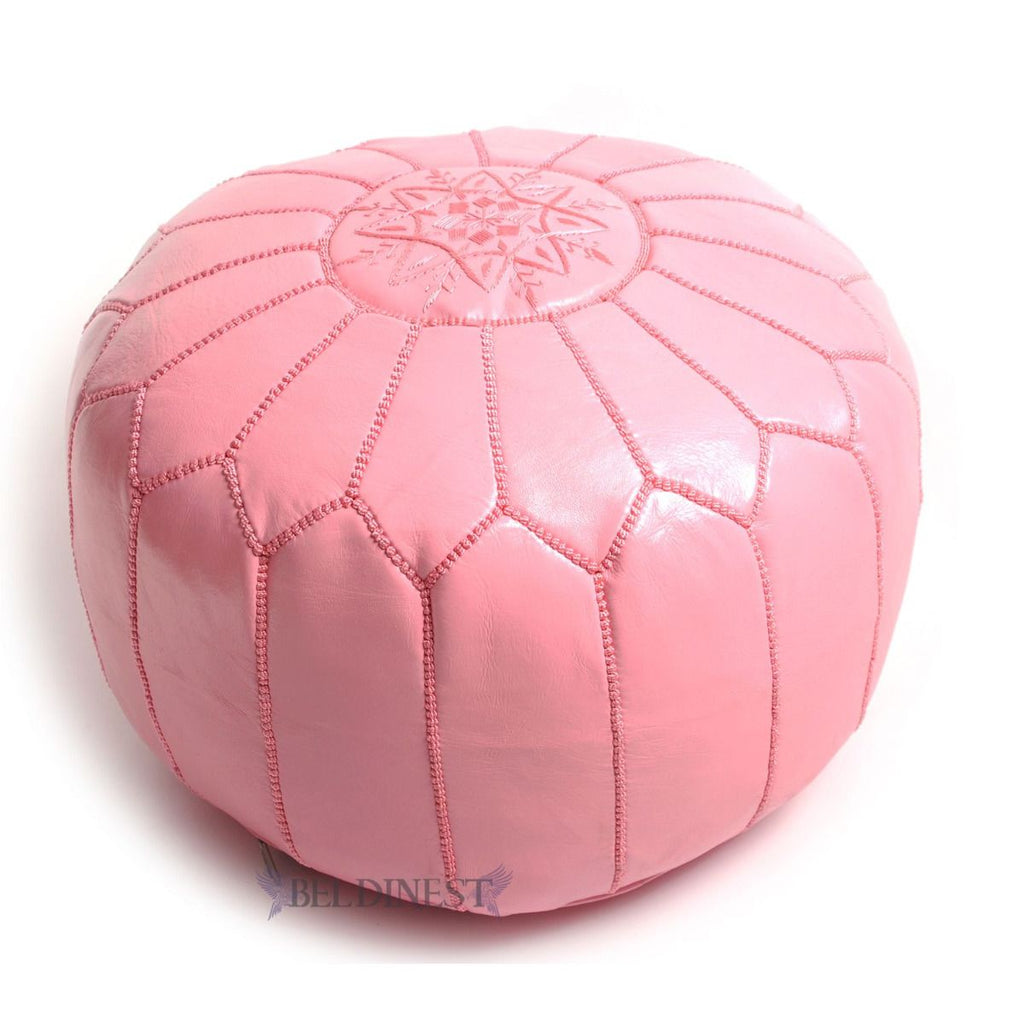 Embroidered Moroccan Leather Pouf- Pink