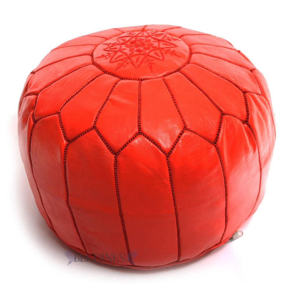 Embroidered Moroccan Leather Pouf- Red