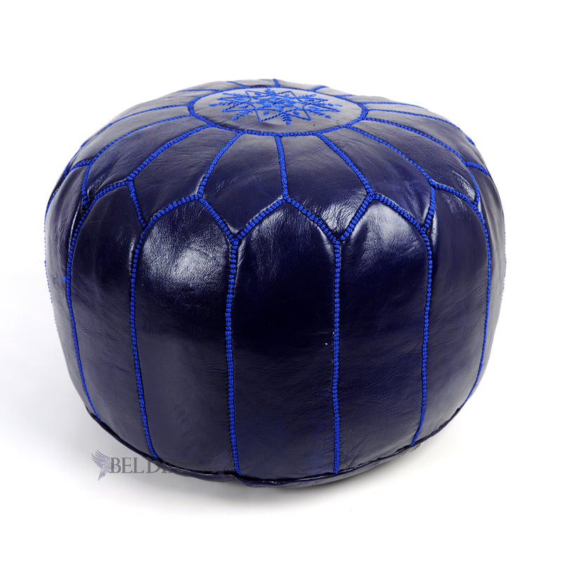 Embroidered Moroccan Leather Pouf- Royal Blue
