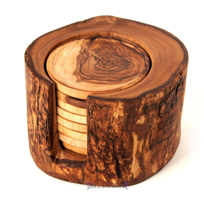 Wooden Coaster Set- Olive Wood Rustic Holder and 8 Coasters