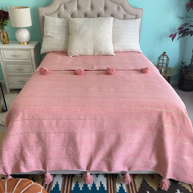 Handwoven Moroccan Cotton Blanket  with Pom Pom- 118"x78"