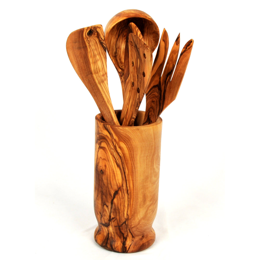 Olive Wood Utensil Set of 5 With Utensil Holder at BeldiNest