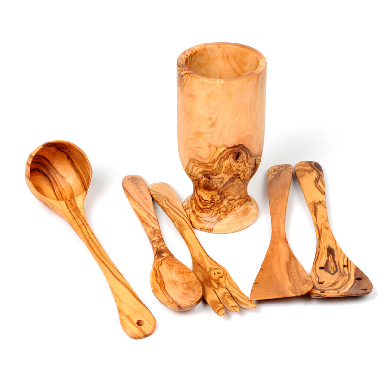 Wooden Utensil Set of 5 With Utensil Holder-Including Ladle