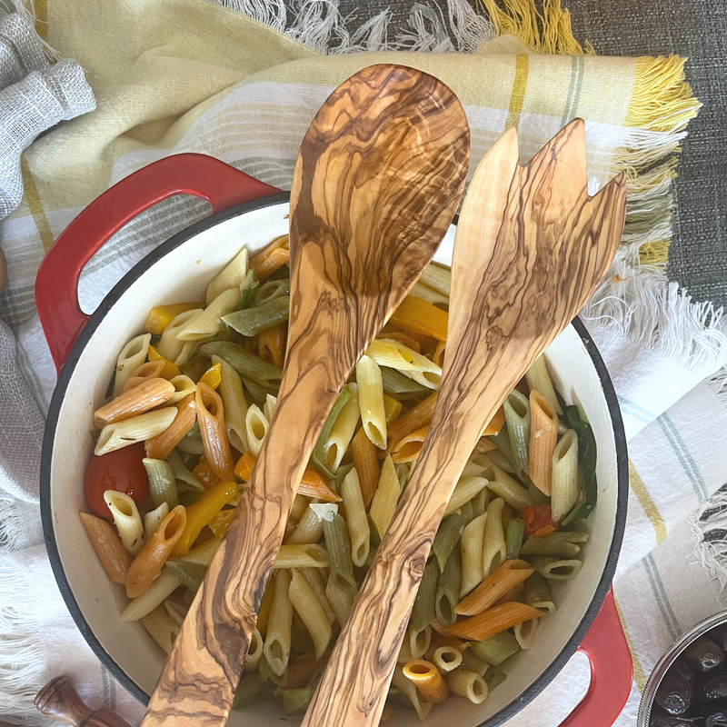 BeldiNest Wooden Salad Servers Cooking Utensils - Olive Wood Spoon and Spork - 12"
