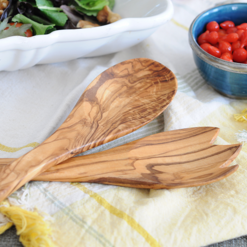 BeldiNest Wooden Salad Servers Cooking Utensils - Olive Wood Spoon and Spork - 12"