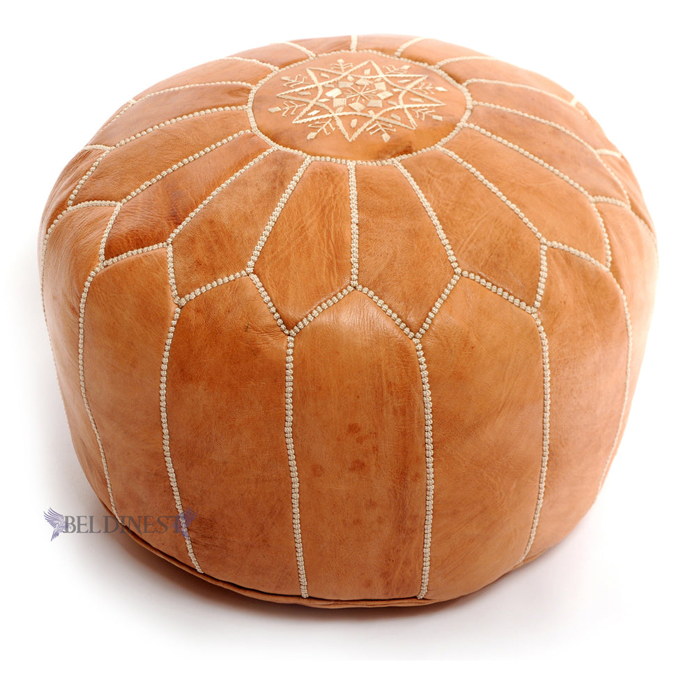 Embroidered Moroccan Leather Pouf- Tan