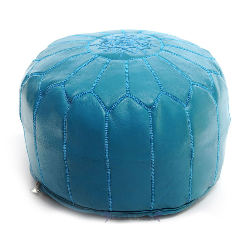 Embroidered Moroccan Leather Pouf- Turquoise