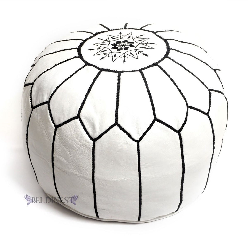 Embroidered Moroccan Leather Pouf- White with Black Stitching