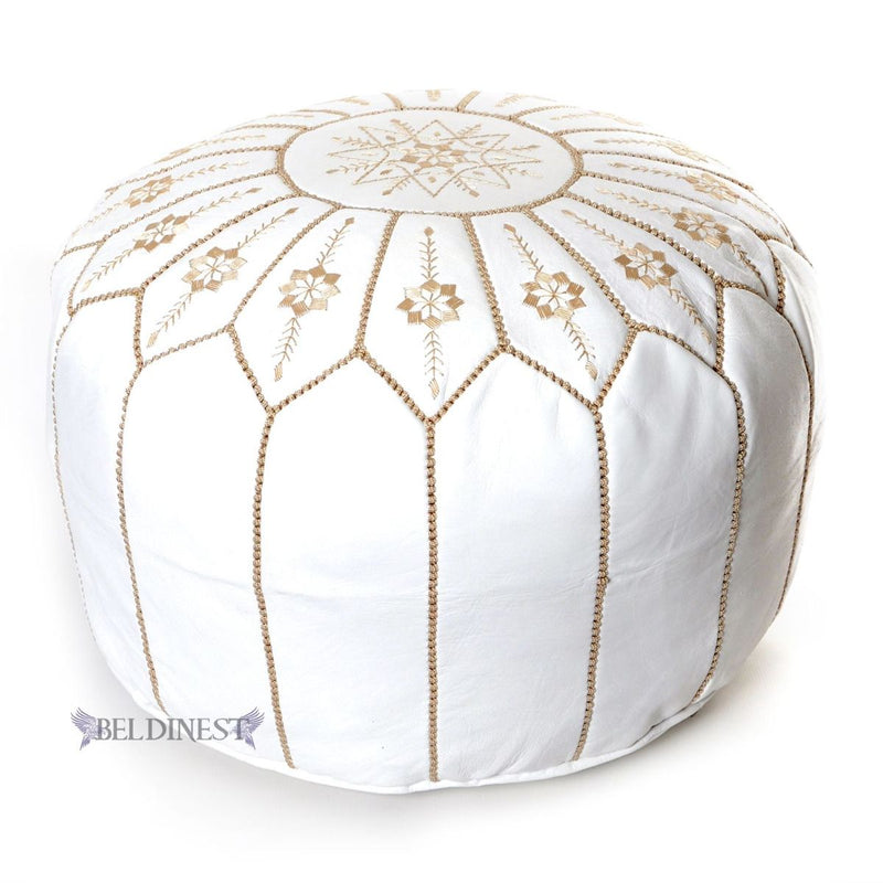 Moroccan Leather Pouf- White Flower