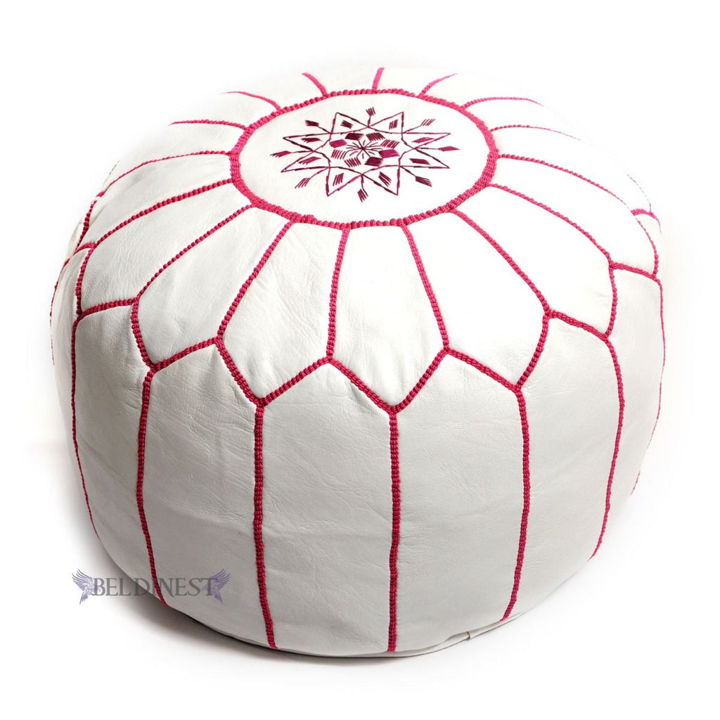 Embroidered Moroccan Leather Pouf- White with Fuchsia Stitching