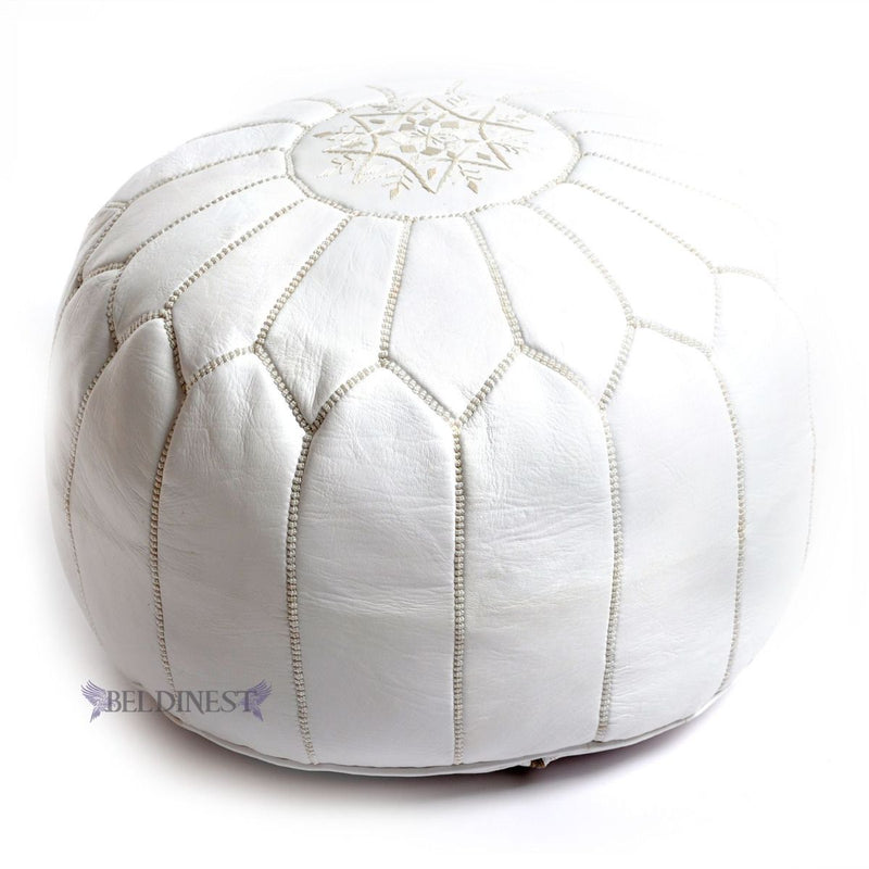 Embroidered Moroccan Leather Pouf- White with Black Stitching